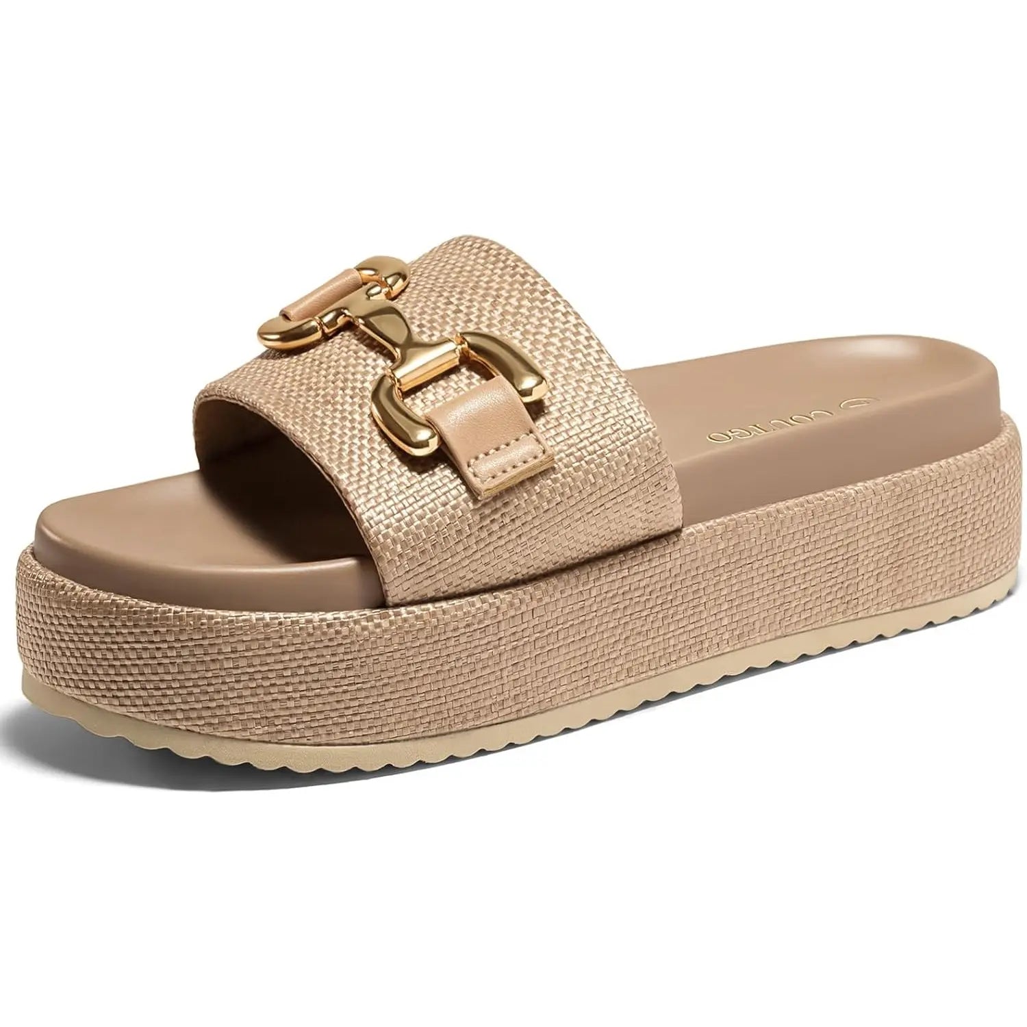 Coutgo Womens Platform Sandals Raffia Espadrilles Metal Chain Slip on Open Toe Cute Beach Slide Sandals