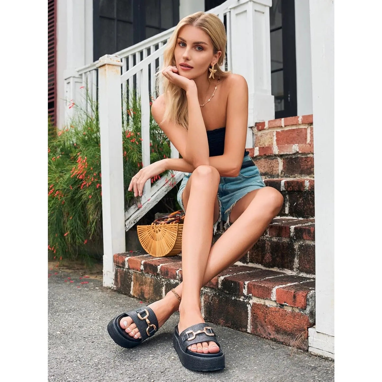 Coutgo Womens Platform Sandals Raffia Espadrilles Metal Chain Slip on Open Toe Cute Beach Slide Sandals