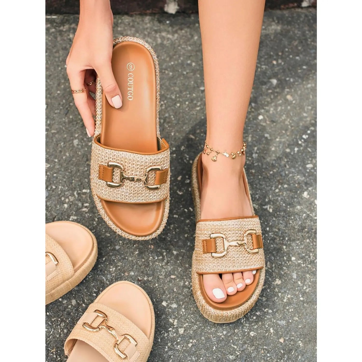 Coutgo Womens Platform Sandals Raffia Espadrilles Metal Chain Slip on Open Toe Cute Beach Slide Sandals