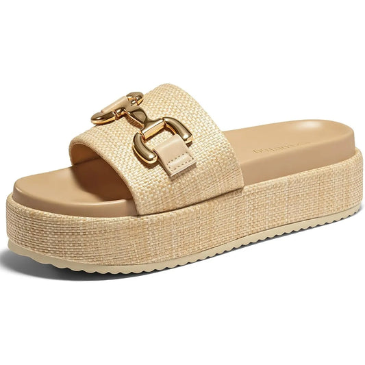 Coutgo Womens Platform Sandals Raffia Espadrilles Metal Chain Slip on Open Toe Cute Beach Slide Sandals