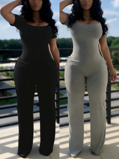 Women'S Sexy Fitted Short Sleeve Jumpsuit, Plain Low Neck Pocket Design, All Season Fashion, European & American Style