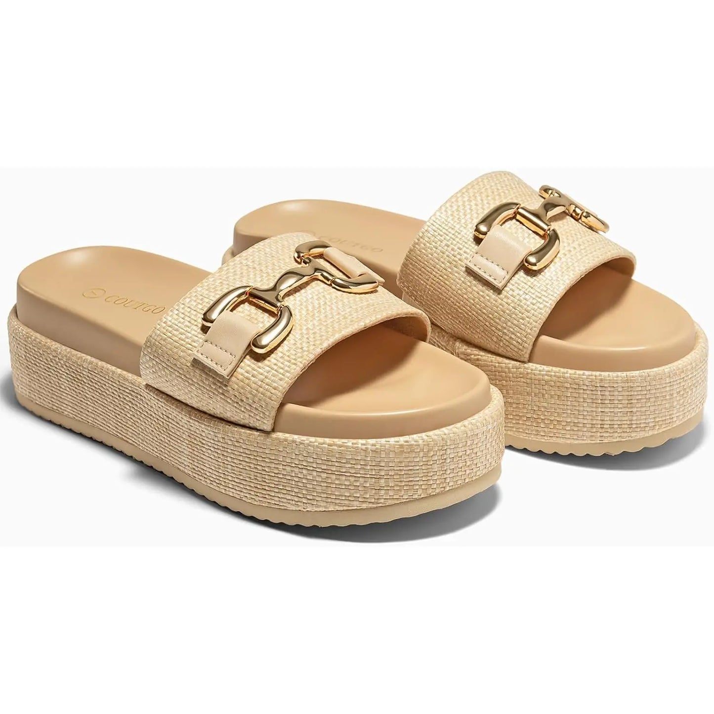 Coutgo Womens Platform Sandals Raffia Espadrilles Metal Chain Slip on Open Toe Cute Beach Slide Sandals