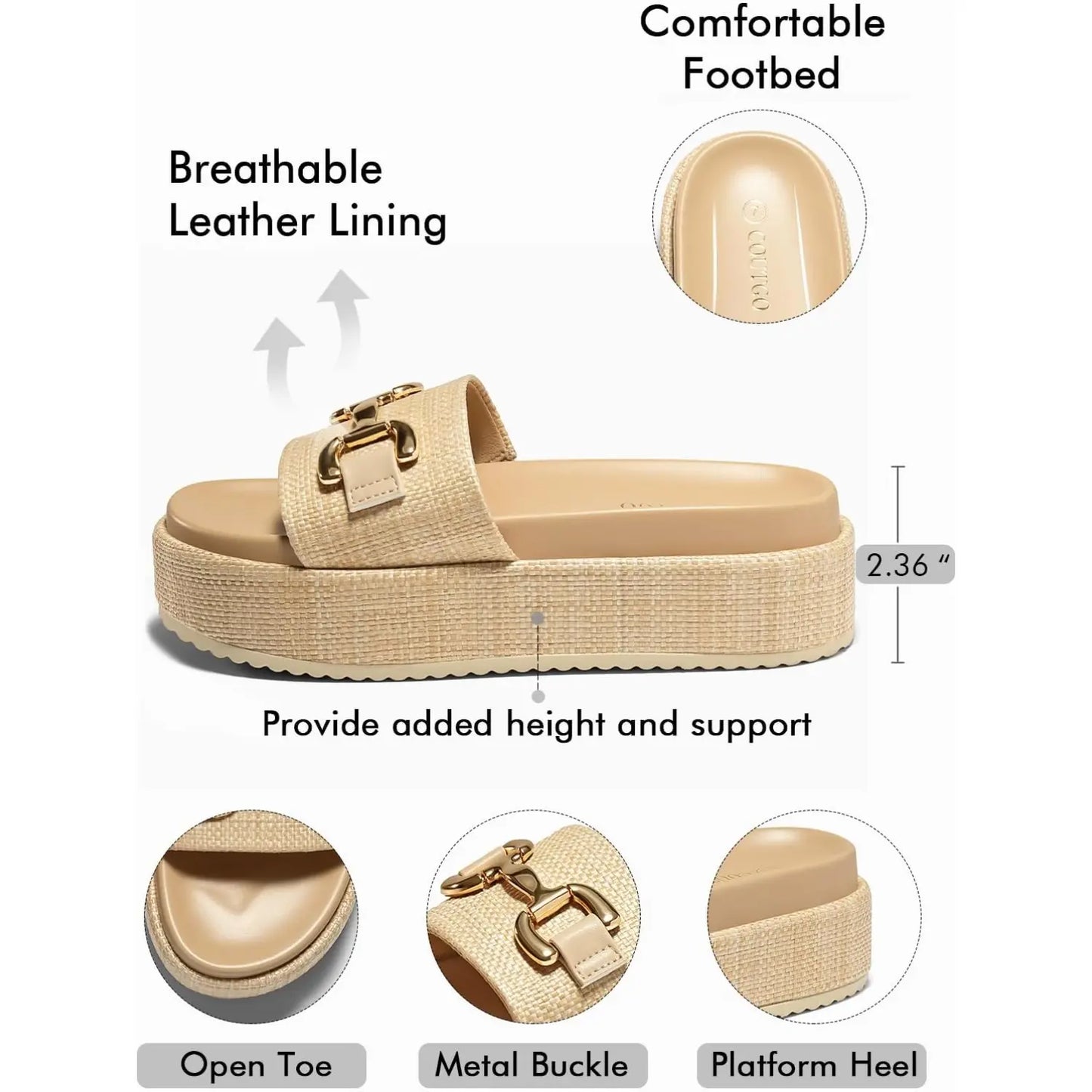 Coutgo Womens Platform Sandals Raffia Espadrilles Metal Chain Slip on Open Toe Cute Beach Slide Sandals