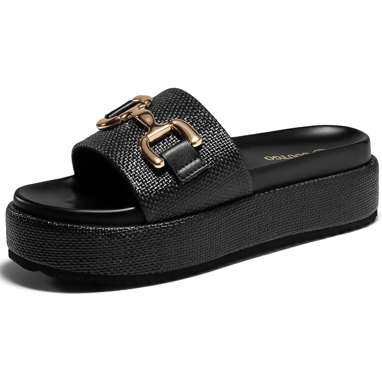 Coutgo Womens Platform Sandals Raffia Espadrilles Metal Chain Slip on Open Toe Cute Beach Slide Sandals